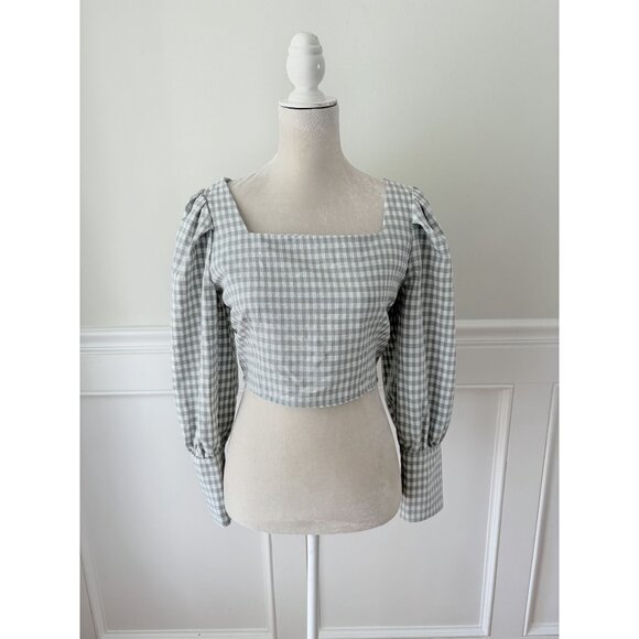 Gray Gingham Square Neck Puff Sleeve Blouse M Back Zip - Picture 1 of 4
